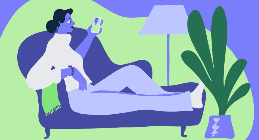 Woman on couch checking phone illustration