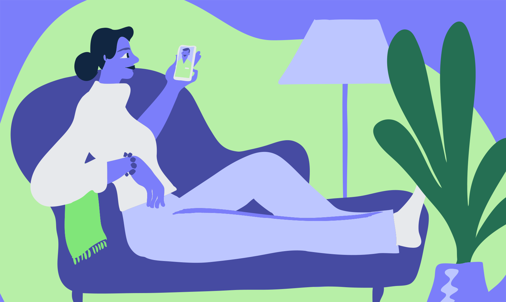 Woman on couch checking phone illustration